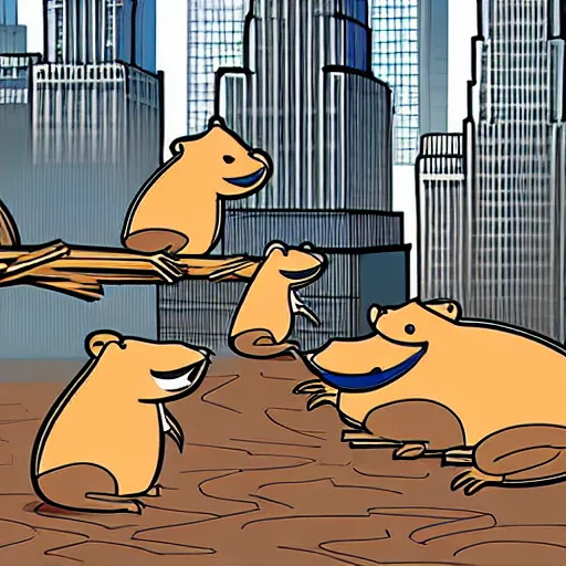 Image similar to digital concept art of anthropomorphic beavers as construction builders that building empire state building from sticks