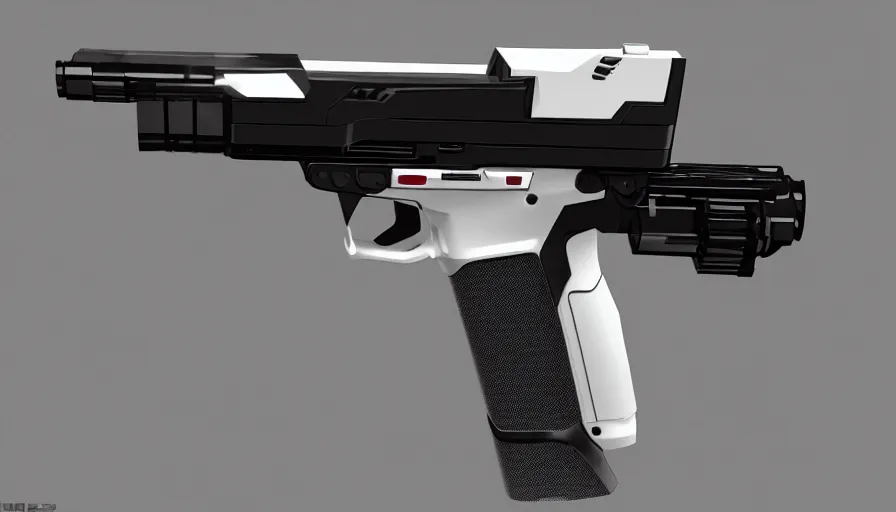 Image similar to extremely detailed ultra realistic side view photo sci fi hyper minimalist magnum pistol coilgun, detailed trigger, chemically propelled, battery, smooth streamline, battery and wires, railgun, chemrail, gauss, elegant sleek smooth body, white paint, smooth utopian design, ultra high quality, octane, cod, destiny, warframe, terminator