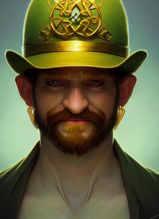 Image similar to symmetry portrait of leprechaun, intricate, elegant, highly detailed, digital painting, artstation, concept art, smooth, sharp focus, illustration, art by artgerm and greg rutkowski and alphonse mucha, 8 k