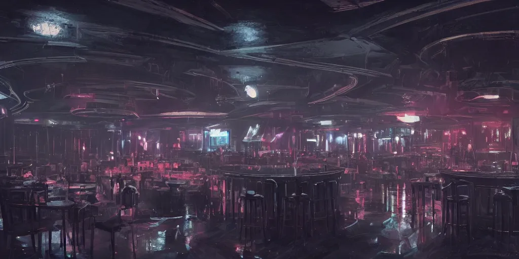 Image similar to Interior of a noir night club, Greg Rutkowski, Feng Zhu, trending on Artstation, 8K, ultra wide angle, establishing shot, pincushion lens effect, zenith view