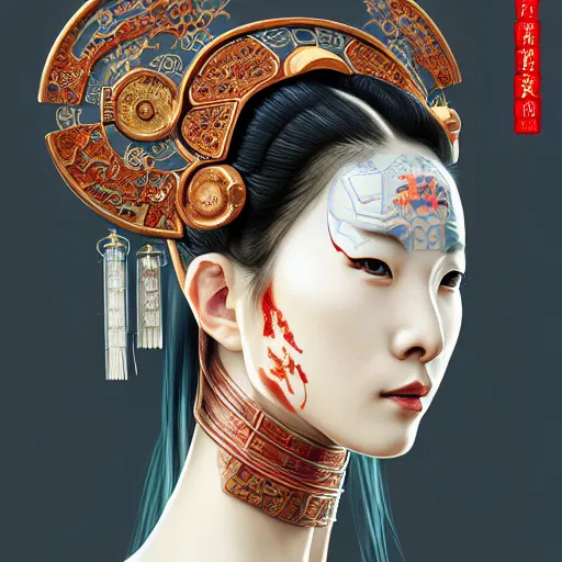 Image similar to a portrait of a female cyberpunk machine, machine face, upper half portrait, decorated with chinese opera motifs, asian, fine china, wuxia, traditional chinese art, intricate, elegant, highly detailed, symmetry, headpiece, digital painting, artstation concept art smooth sharp focus, illustration, art by artgerm and greg rutkowski alphonse mucha 8 k