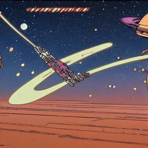 Prompt: a battle in the space, moebius style.