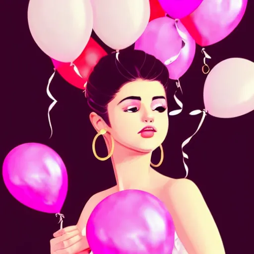 Image similar to beautiful woman resembling selena gomez at a birthday party. balloons. clean cel shaded vector art. shutterstock. behance hd by lois van baarle, artgerm, helen huang, by makoto shinkai and ilya kuvshinov, rossdraws, illustration,