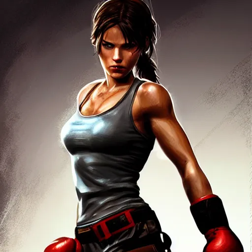 Prompt: Portrait of Tomb Raider wearing boxing gloves, intricate upper body , whole body, highly detailed, digital painting, artstation, concept art, smooth, sharp focus, illustration, art by Hajime Sorayama