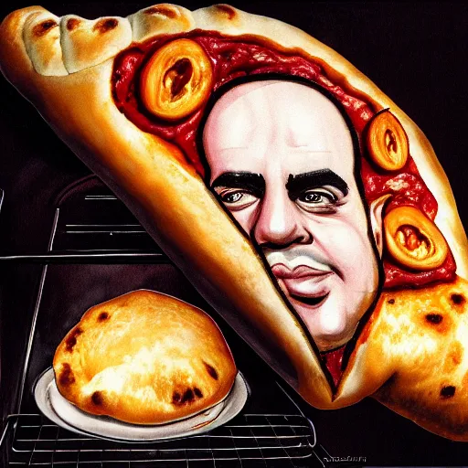 Image similar to al capone as a calzone being turned into a calzone as a calzone but still with the face of al capone being baked in an oven as a calzone, realistic, hyperrealistic, ultra realistic, real, real world, highly detailed, very detailed, extremely detailed, intricate details, 8 k resolution, hd quality