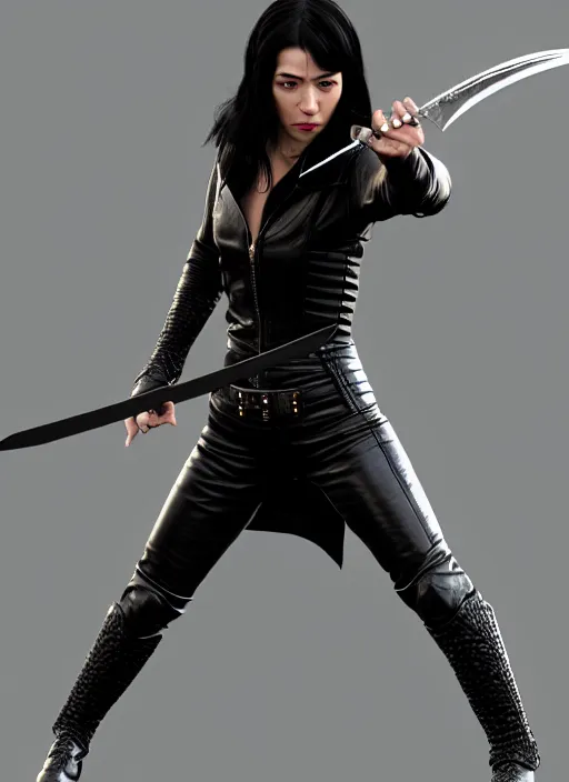 Image similar to black haired woman in a leather jacket, a sword fight, action pose, movie scene, highly detailed, intricate, face enhance, long sharp intricate sword, trending on artstation, action pose