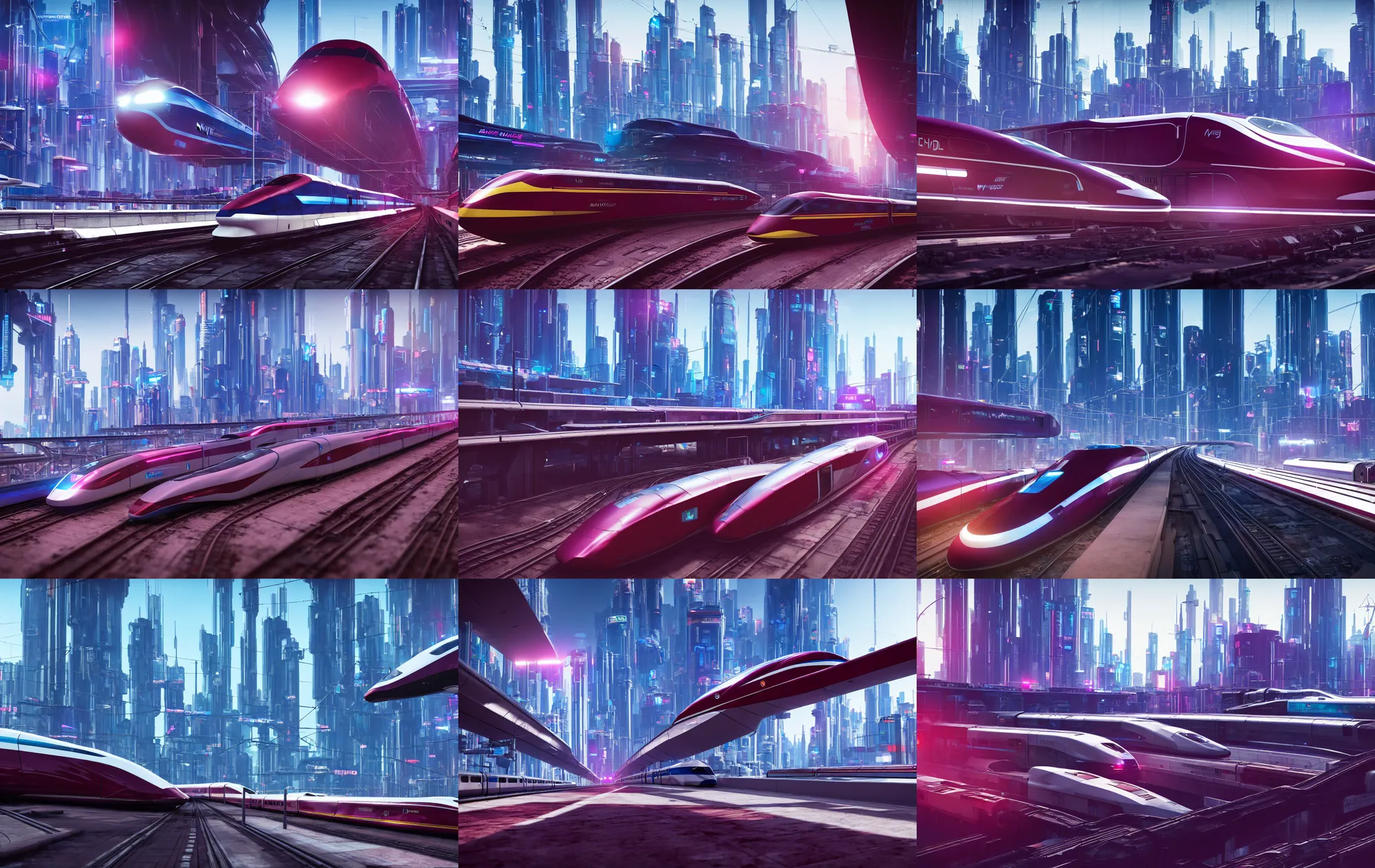 Prompt: modern concept art for a maglev train speeding though a city, soft lighting, 3d render, 8k, maroon and blue accents, metallic reflections, star citizen origin 100i, central focus, close up, cyberpunk 2077, skyline in background.