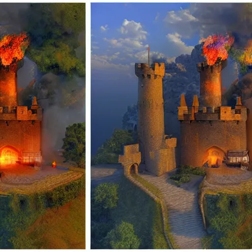 Image similar to Before and after picture of a castle currently under siege, fantasy, hyper realism, 8k resolution, flames, war, death