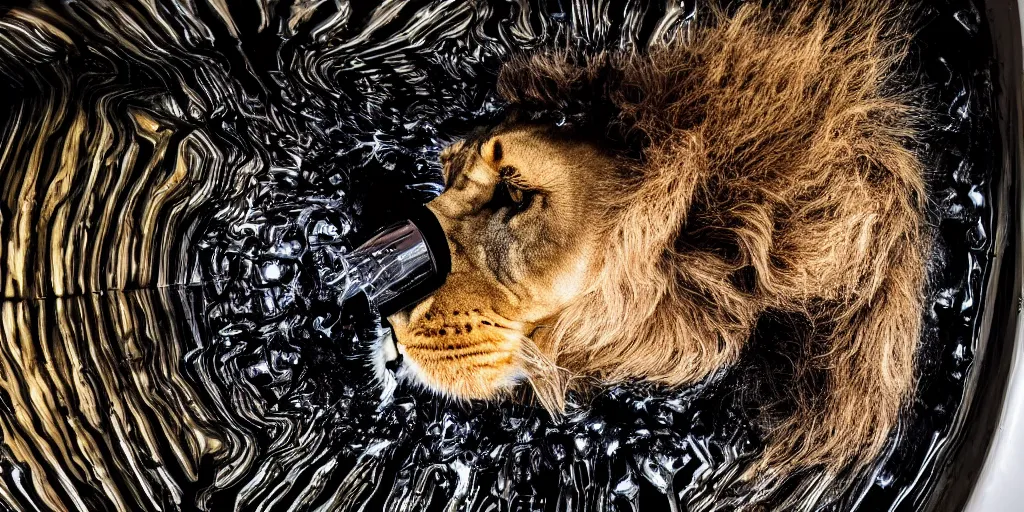 Image similar to a lion made of ferrofluid bathing inside the bathtub full of ferrofluid on a photography studio, dripping and drooling ferrofluid. dslr, wrinkles, ferrofluid, photography