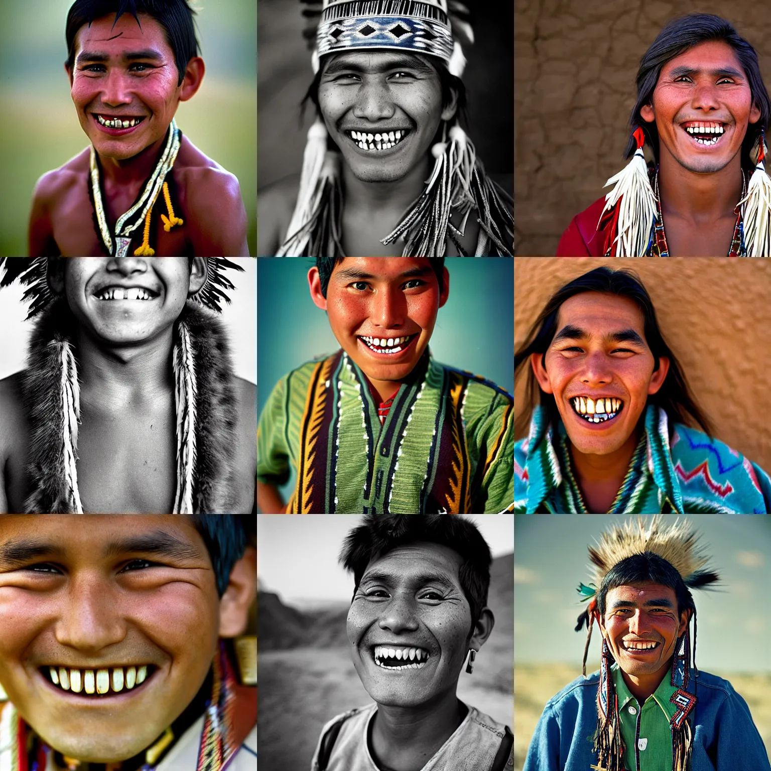 Prompt: portrait of a handsome navajo young chief, large green eyes, smiling with an open mouth, showing his shining white teeth, photograph by steve mccurry