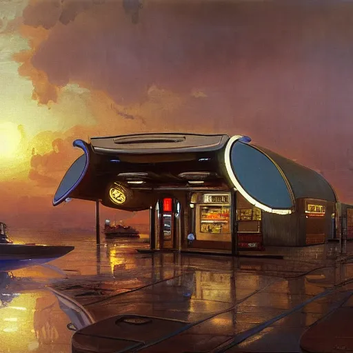 Prompt: painting of syd mead artlilery scifi organic shaped gas station with ornate metal work lands on a body of water, fossil ornaments, volumetric lights, red sun, andreas achenbach