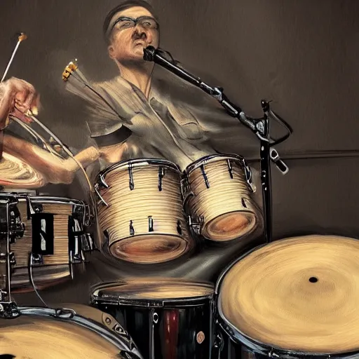 Image similar to 1940's musician playing drums, drumkit, photorealistic art, hd, 8k, intricate details, high definition