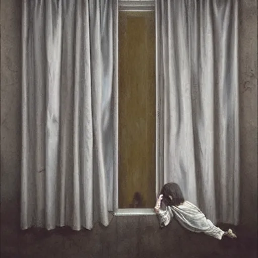 Prompt: Curtain Ghost by Mark Arian, dark, horror, surrealism, horror scene of a child staring outside the window. Screaming for help by Santiago Caruso