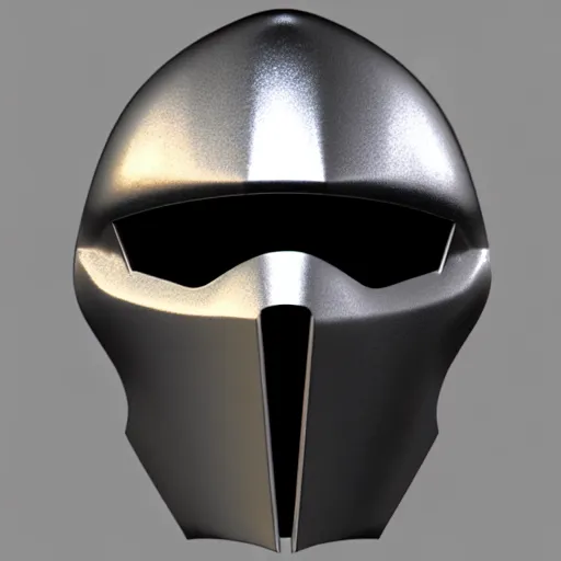 Image similar to concept design for a solid plate featureless metallic cylon mask, 3 d render, volumetric lighting, unreal engine, reflective material, intricate texture