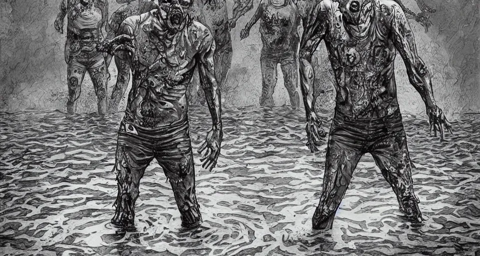 Image similar to highly detailed full body portrait of a zombie swimming underwater in a zombie - apocalypse, in a swimming pool, style tony moore walking dead