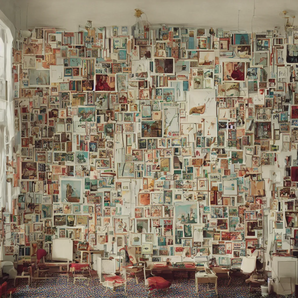 Prompt: promotional photograph of a room in the style of Wes Anderson, architecture magazine, dezeen, 50mm, pentax, film