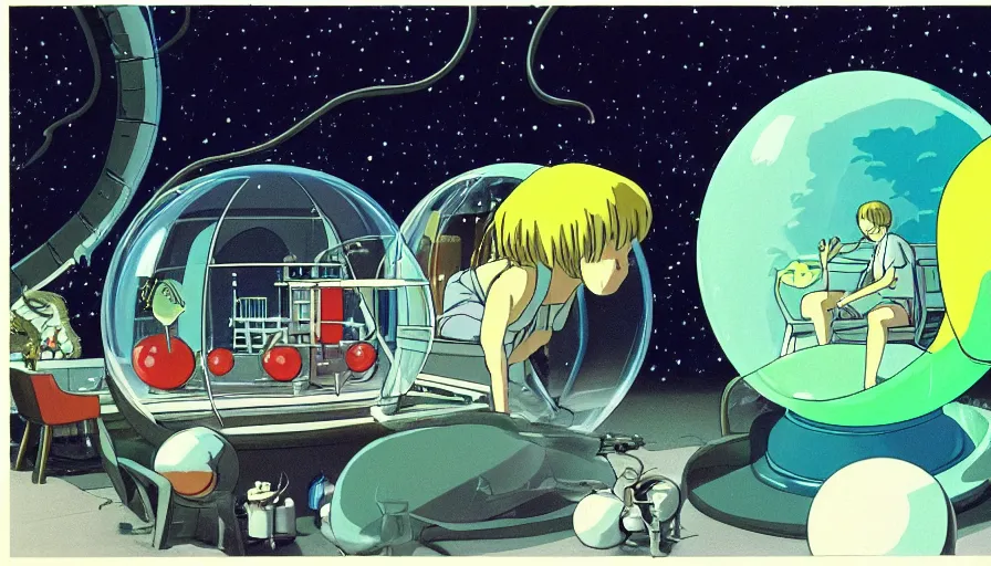 Image similar to hyperrealist studio ghibli dull colors from close encounters of the third kind 1 9 7 7 of a scientist rocketing through a snake bubble.