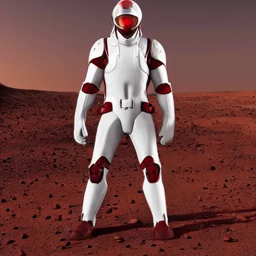 Image similar to tall muscular infantry man in glossy sleek white armor with tiny red details and a long red cape, heroic posture, on the surface of mars, night time, dramatic lighting, cinematic, sci-fi, hyperrealistic, movie still