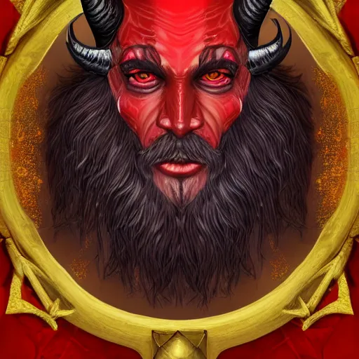 Prompt: dnd style portrait of a tiefling, male, red scales, red skin, a big black beard, completely golden eyes, 2 black ram horns growing out of his forehead,