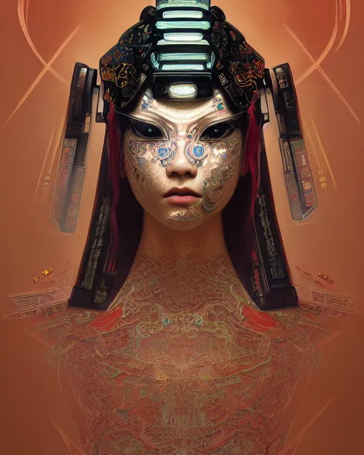 Image similar to portrait of a cyberpunk machine, machine face, upper half portrait, decorated with chinese opera motifs, asian, fine china, wuxia, traditional chinese art, intricate, elegant, highly detailed, symmetry, headpiece, digital painting, artstation concept art smooth sharp focus, illustration, art by artgerm and greg rutkowski alphonse mucha 8 k