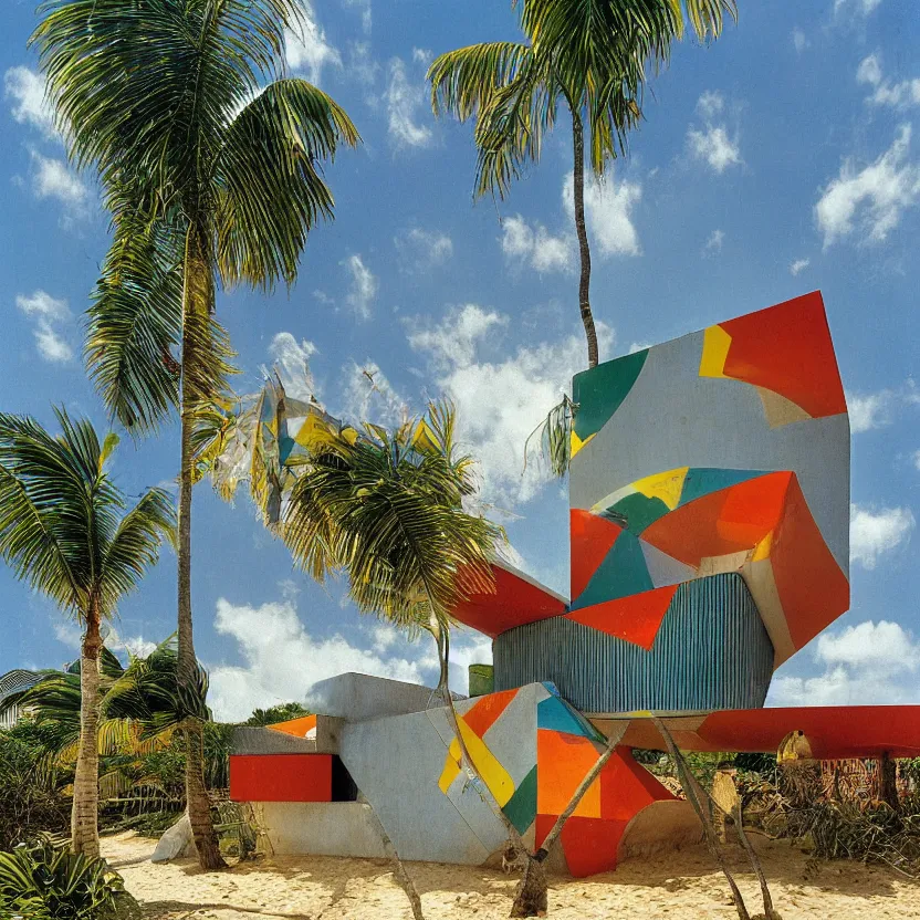 Prompt: 1 9 9 8 brazilian nordeste house designed by arthur bispo do rosario, jules bastien - lepage, tarsila do amaral, frank weston and gustave baumann, major arcana, f - 9 1 / 1 2 5, brutalism, beach background, colorful refracted sparkles, star lines, soft light, 8 k