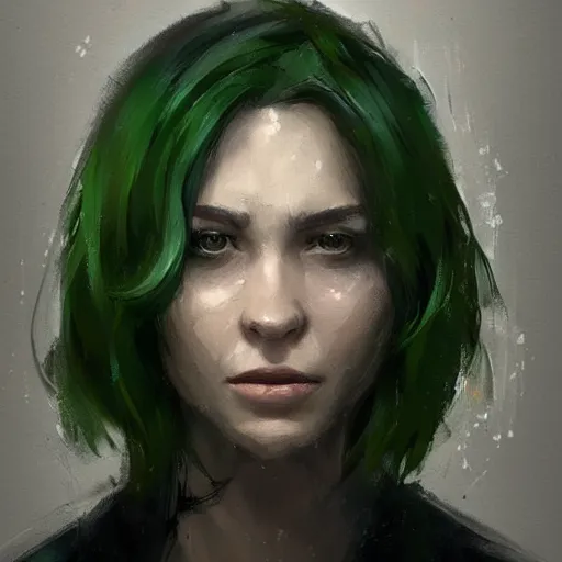 Image similar to Portrait of a woman by Greg Rutkowski, she is about 30 years old, pretty, messy black bob hair, pale round face, tired green eyes and she is wearing a black utilitarian jumper jumpsuit, highly detailed portrait, digital painting, artstation, concept art, smooth, sharp foccus ilustration, Artstation HQ.