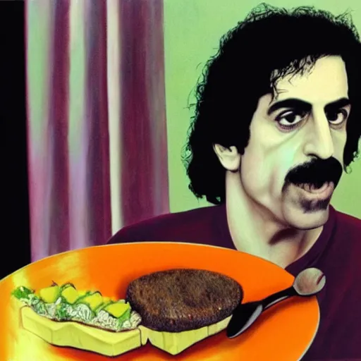 Image similar to portrait of Frank Zappa eats a frank at Zappa club