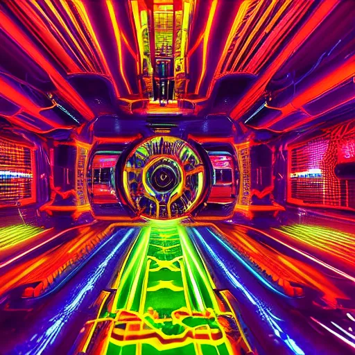 Prompt: album art, album is called tripmachine, albumtitle is tripmachine, photo of a huge futuristic steampunk machinery inside a danceclub, 8 k, fluorescent colors, halluzinogenic, multicolored, exaggerated detailed, front shot, 3 d render, octane