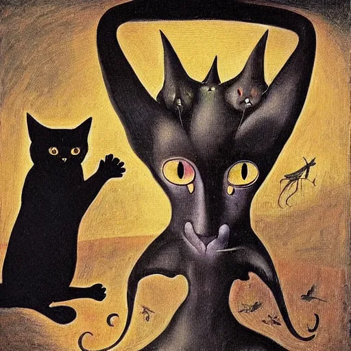 Image similar to a black cat possessed by satan, painting in the style of hieronymus bosch