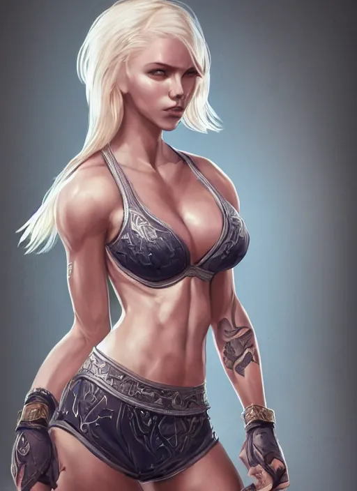 Prompt: a highly detailed illustration of short platinum blonde haired woman wearing mma bra, flat chested, heroic muay thai stance pose, muscular, intricate, elegant, highly detailed, centered, digital painting, artstation, concept art, smooth, sharp focus, league of legends concept art, WLOP