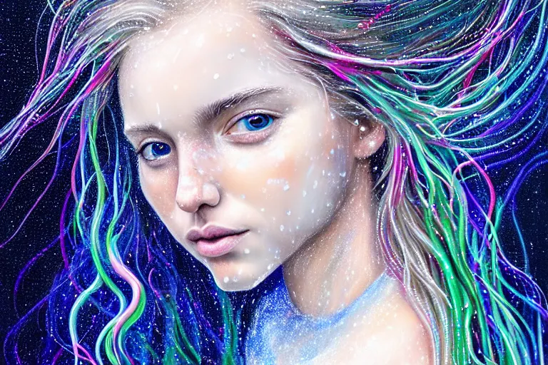 Prompt: highly detailed portrait of a beautiful girl running in snow with wet blonde hair and pale face, swirling wispy tendrils, bright scattered rainbow-colored particles, fantasy, intricate, elegant, dramatic lighting, emotionally evoking symbolic metaphor, highly detailed, lifelike, photorealistic, digital painting, artstation, concept art, smooth, sharp focus, illustration, art by John Collier and Albert Aublet and Krenz Cushart and Artem Demura and Alphonse Mucha