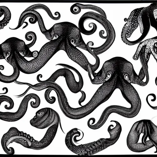 Prompt: interlocking shapes of fishes turning into octopuses, M.c. Escher, black and white, 4k