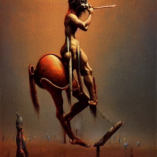 Image similar to centaur in ancient armor, tribal, beksinski