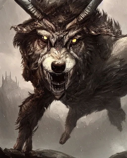 Image similar to A minotaur as a wolf, terrifying face, fantasy art, monster art, in the style of greg rutkowski, illustration, epic, fantasy, intricate, hyper detailed, artstation, concept art, smooth, sharp focus, ray tracing