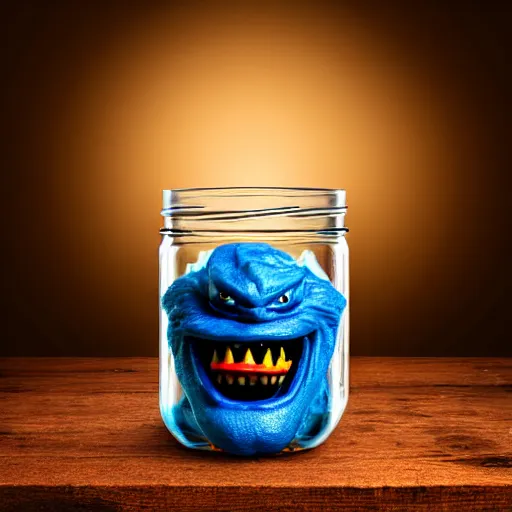 Image similar to Evil monster in a jar, product photography, centered, studio lightning