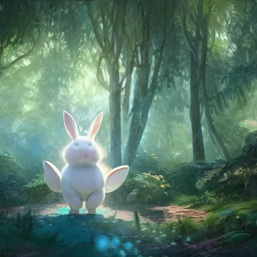 Prompt: concept art painting of a chubby white rabbit wearing a turquoise dress, in the deep forest, realistic, detailed, cel shaded, in the style of makoto shinkai and greg rutkowski and james gurney