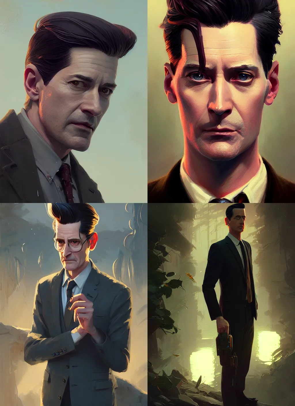 Image similar to highly detailed portrait of a agent dale cooper, stephen bliss, unreal engine, fantasy art by greg rutkowski, loish, rhads, makoto shinkai and lois van baarle, ilya kuvshinov, rossdraws, tom bagshaw, global illumination, radiant light, detailed and intricate environment