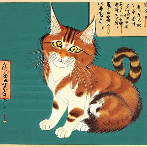 Image similar to beautiful portrait ukiyo - e painting of an ginger maine coon by kano hideyori, kano tan'yu, kaigetsudo ando, miyagawa choshun, okumura masanobu, kitagawa utamaro