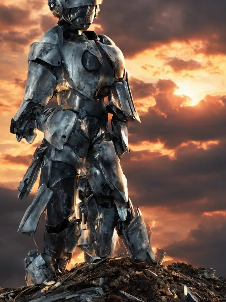 Image similar to emily blunt in futuristic power armor, close up portrait, solitary figure standing atop a pile of rubble, holding a sword on her shoulder, sunset and big clouds behind her