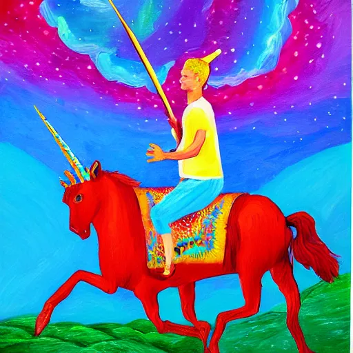 Image similar to Vitalik Buterin riding a unicorn, colorful painting