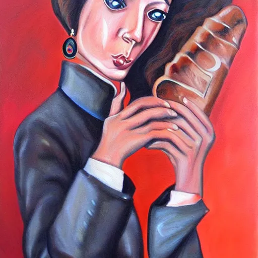 Image similar to female figure sniffing a cigar portrait painting surreal, art by Joan Selder, Surrealism