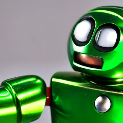 Prompt: real life photo of a shiny little green robot smiling