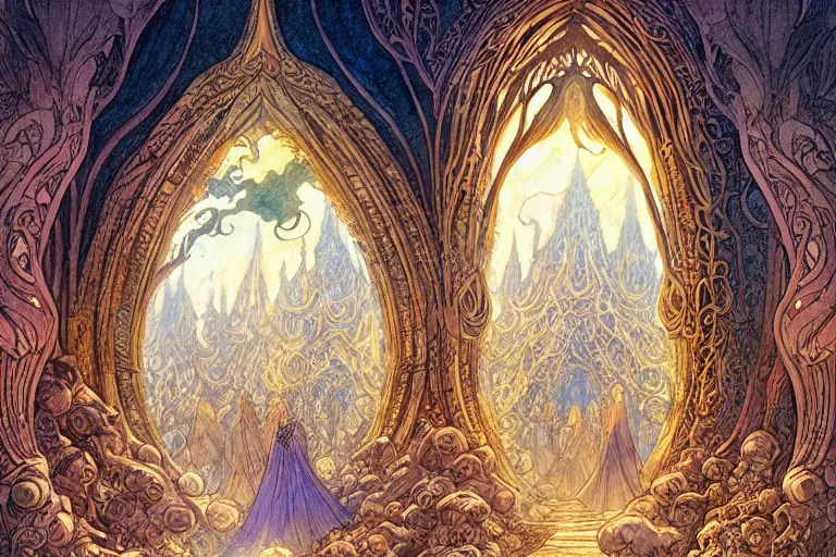 Prompt: a delicate mtg illustration by rebecca guay, and charles vess of a large group of people entering the glowing doorway of a massive vulva - shaped temple constructed of carved iridescent pearls and house - sized crystals of impossible architecture floating in the astral plane