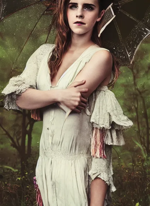 Image similar to Emma Watson for Victorian Secret, perfect face, hot summertime dancing hippie in the rain, full length shot, XF IQ4, 150MP, 50mm, f/1.4, ISO 200, 1/160s, natural light, Adobe Photoshop, Adobe Lightroom, DxO Photolab, Corel PaintShop Pro, rule of thirds, symmetrical balance, depth layering, polarizing filter, Sense of Depth, AI enhanced