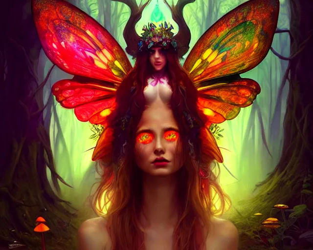 Image similar to stunningly beautiful female faerie priestess in amanita muscaria forest landscape, symmetrical wings on back, symmetrical face, stunning eyes, neon hair, fantasy art, dark light night, sharp focus, digital painting, 4 k, concept art, art by wlop, artgerm, greg rutkowski and alphonse mucha