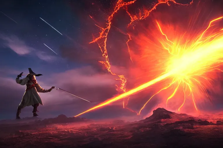 Image similar to levitating wizard wielding a sword, opening a shining portal, night sky, horizon of an erupting volcano, 4 k, ultra realistic, detailed, epic lighting, high detail, masterpiece, trending on artstation