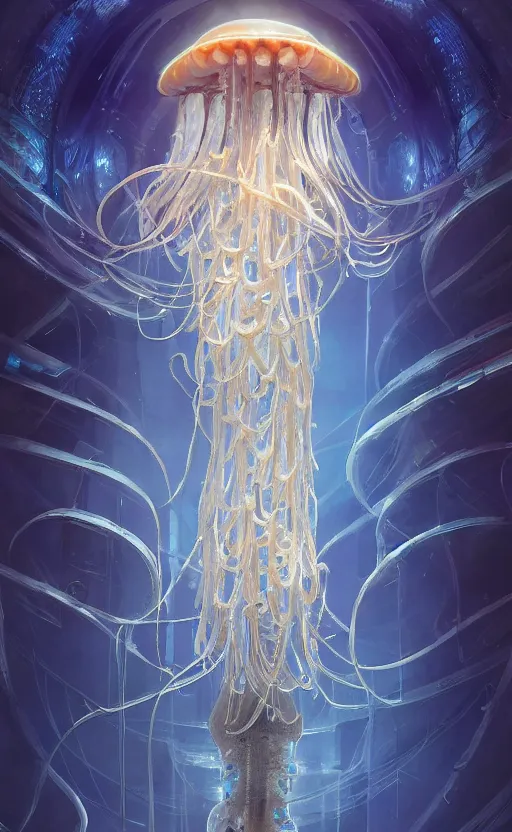 Image similar to Panorama hyper detailed painting of a cyberpunk jellyfish, blue tones, underwater, 8 mm, highly detailed, digital painting, artstation, concept art, smooth, sharp focus, illustration, art by artgerm and greg rutkowski and alphonse mucha