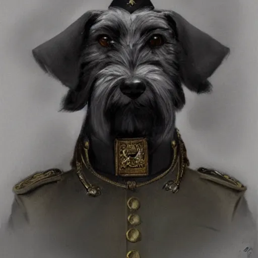 Image similar to portrait of stoic looking miniature schnauzer, military uniform, black fir, white eyebrows, fantasy, intricate, elegant, highly detailed, centered, dark, smokey, charcoal painting, digital painting, artstation, concept art, smooth, sharp focus, illustration, art by alphonse mucha