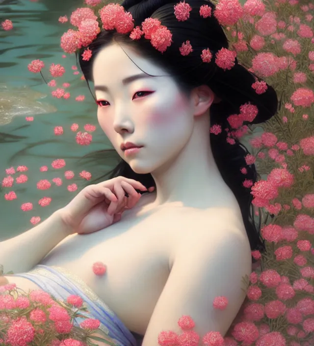 Prompt: baroque portrait of a geisha woman of porceline skin lying down in a river made of thousand of flowers, cinematic lighting, photorealistic, octane render, 8 k, depth of field, art by artgerm and greg rutkowski and alphonse mucha and uang guangjian