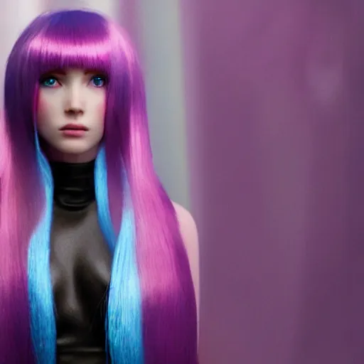 Prompt: joi from blade runner 2 0 4 9 as a giant pink skinned translucent hologram with blue hair, neo noire